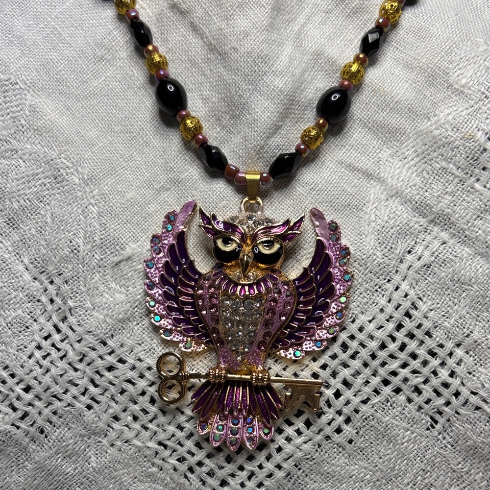 Purple Owl Pendant Necklace with Key Accent and Earrings